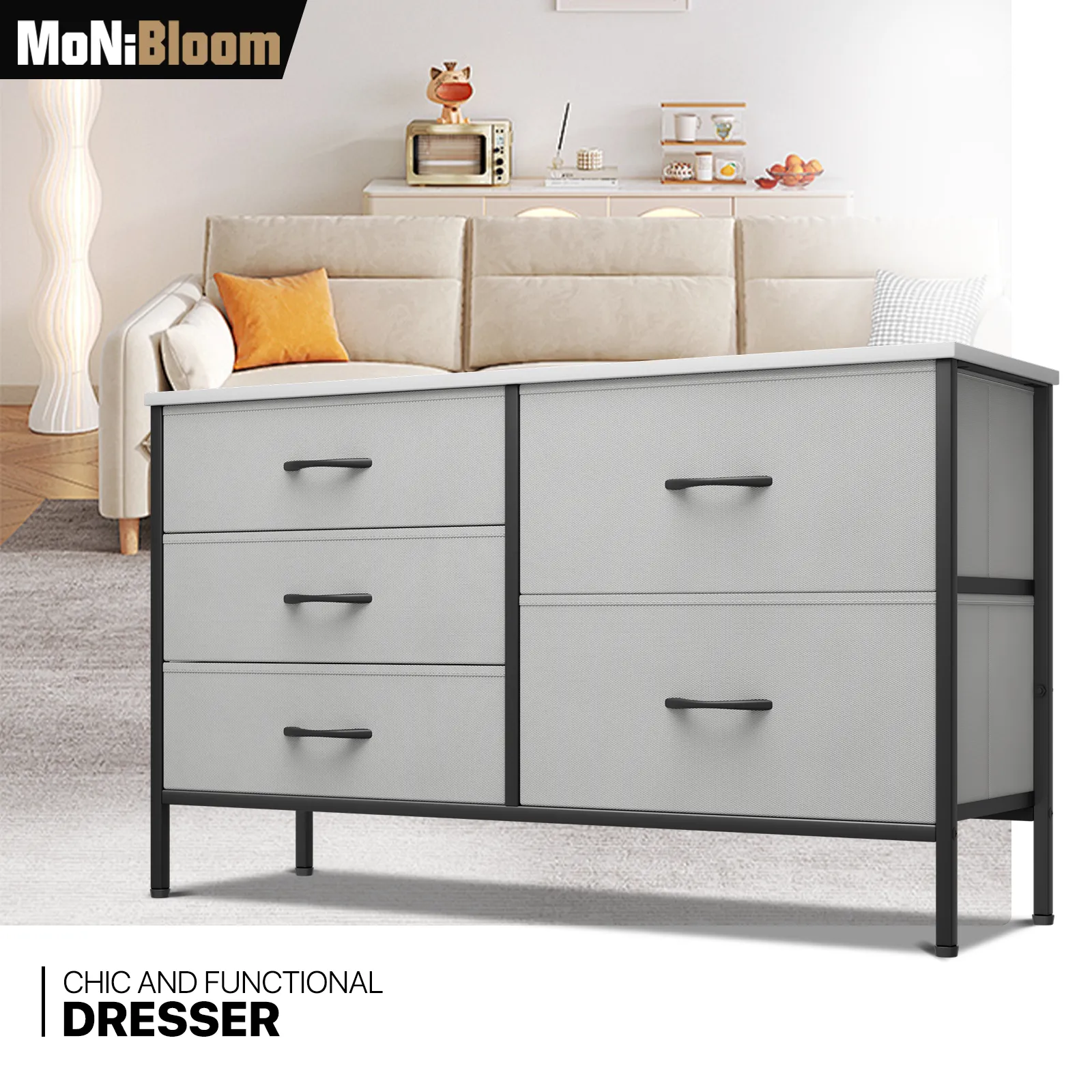 21.5" Height Dresser - 5 Fabric Drawer- Metal Frame - MDF Top