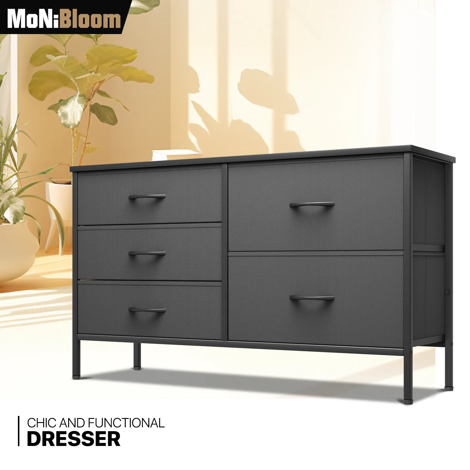 21.5" Height Dresser - 5 Fabric Drawer- Metal Frame - MDF Top