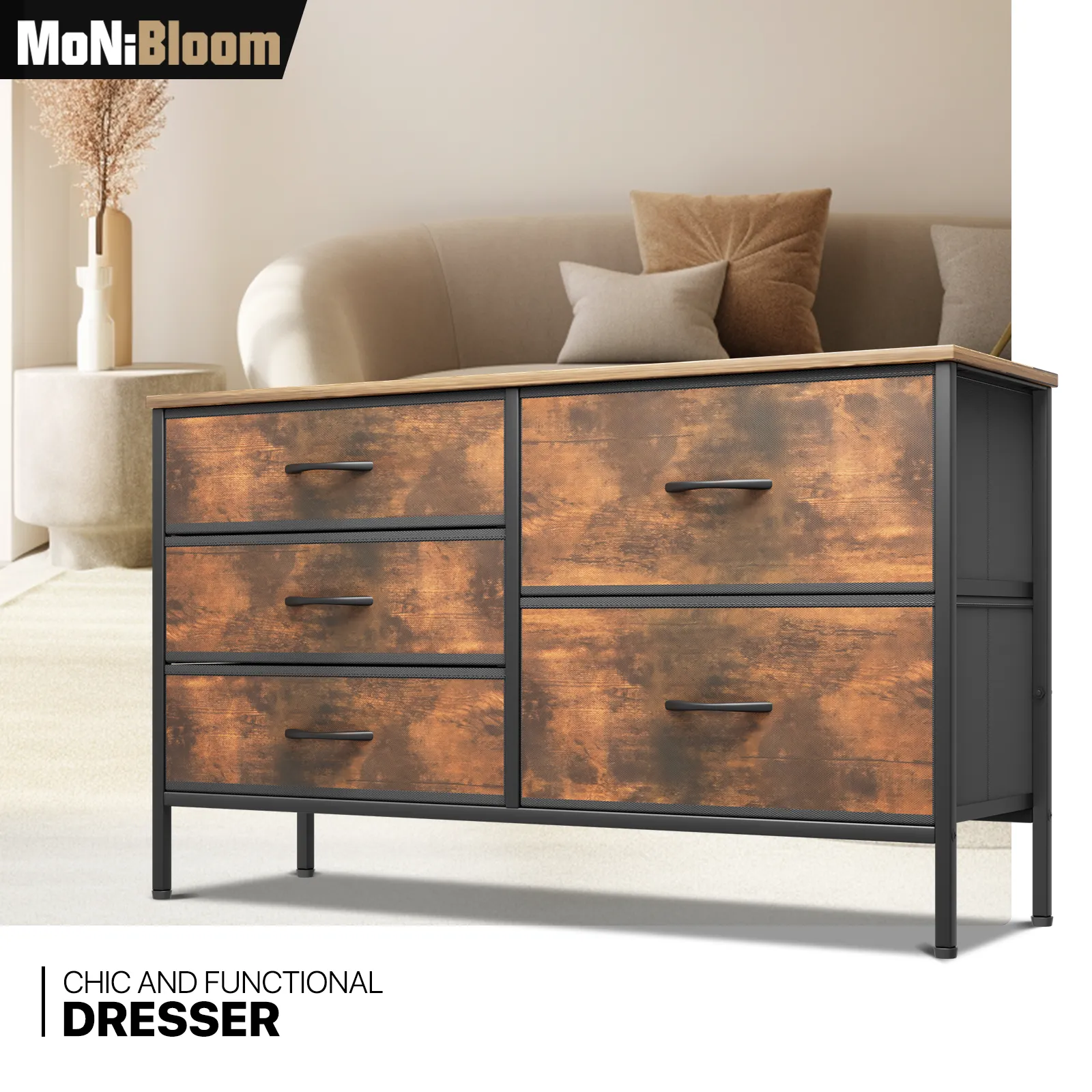 21.5" Height Dresser - 5 Fabric Drawer- Metal Frame - MDF Top