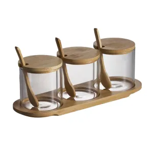 3-Transparent Glass Spice Jar Set With Wooden Lid And Spoon Ym-Ksc02