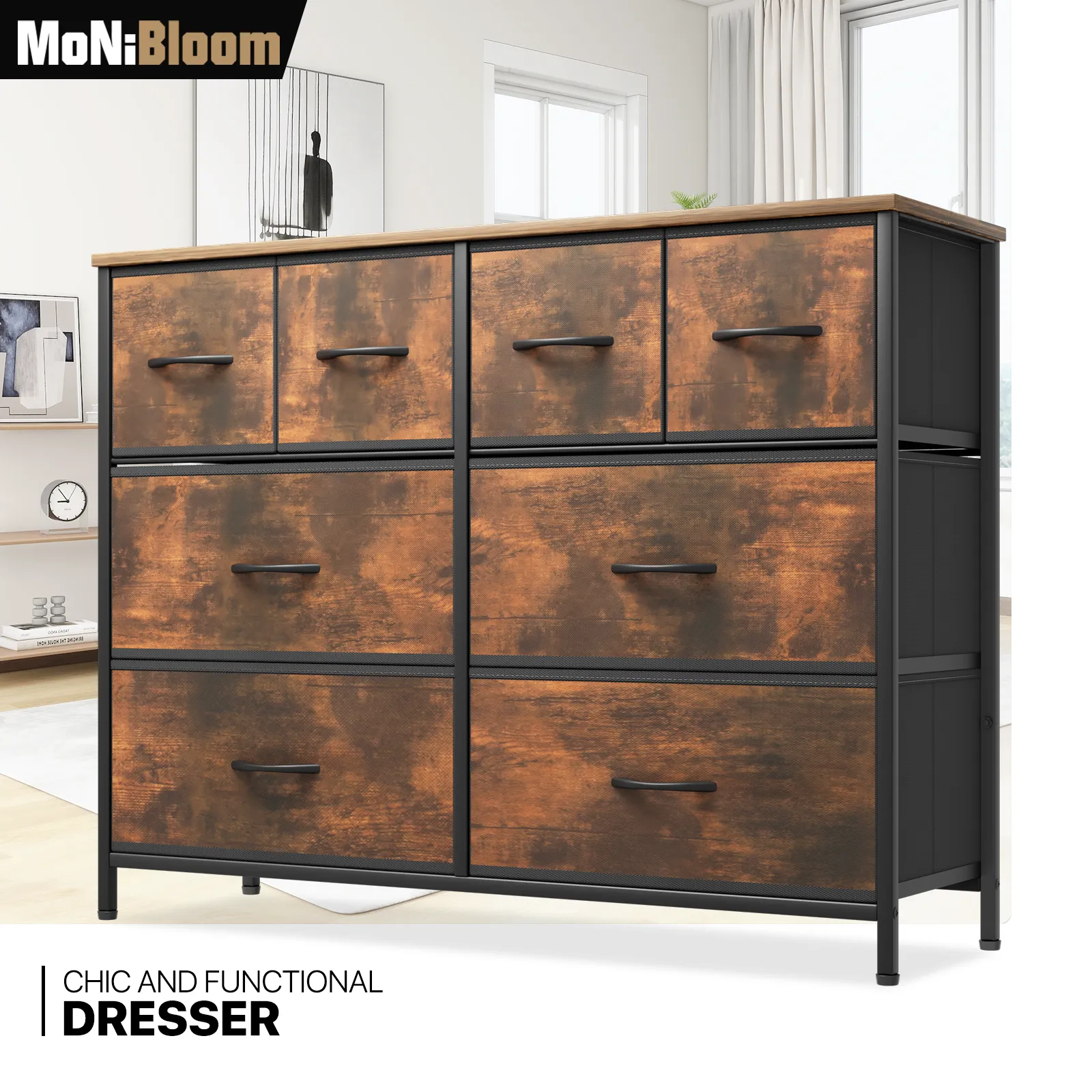 30.5" Height Dresser - 8 Fabric Drawer- Metal Frame - MDF Top