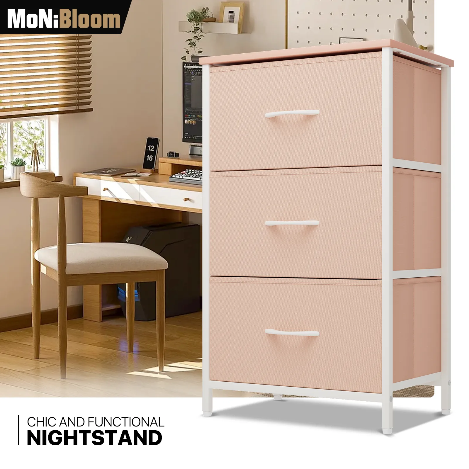 30" Nightstand Fabric Drawer Metal Frame, 3-Drawer