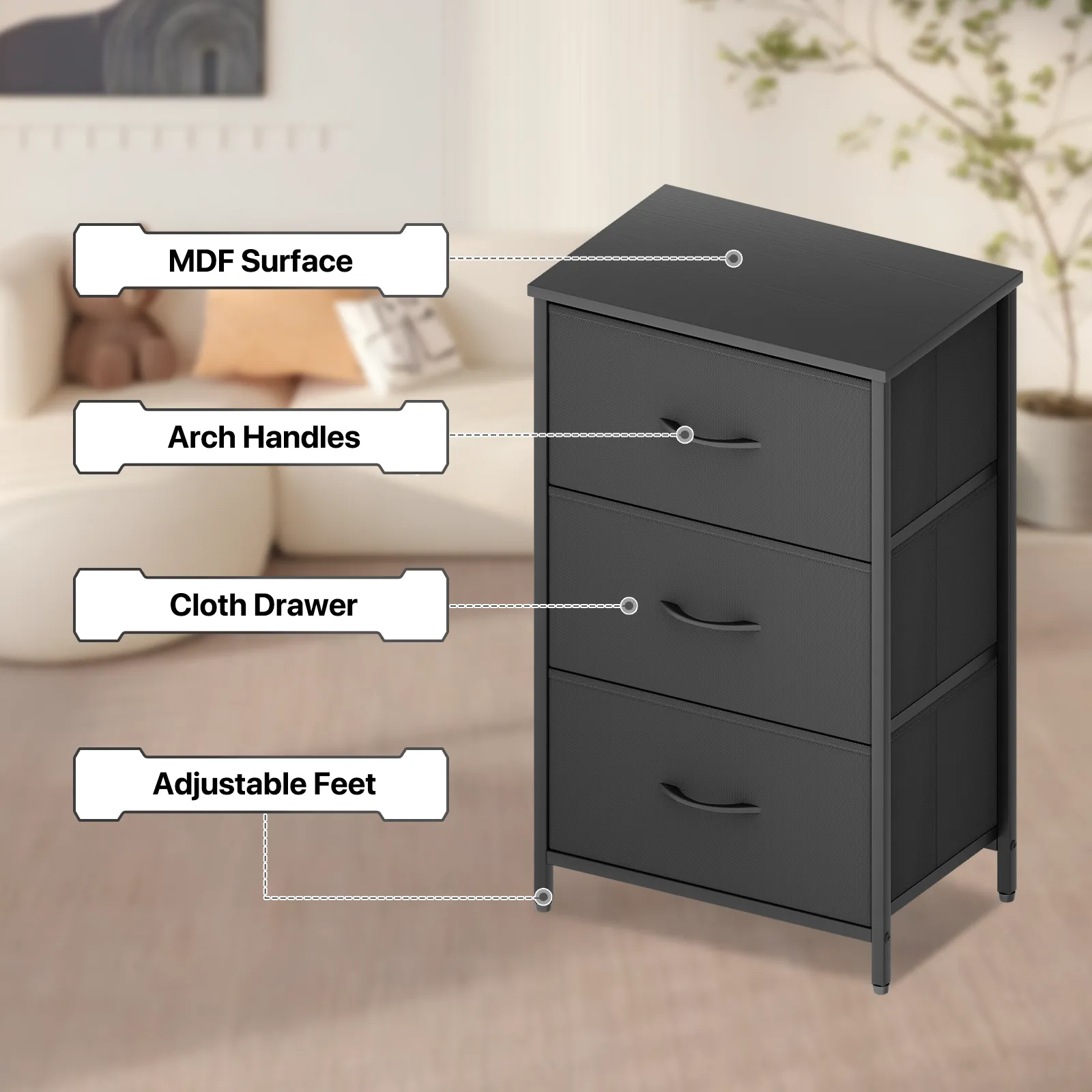 30" Nightstand Fabric Drawer Metal Frame, 3-Drawer