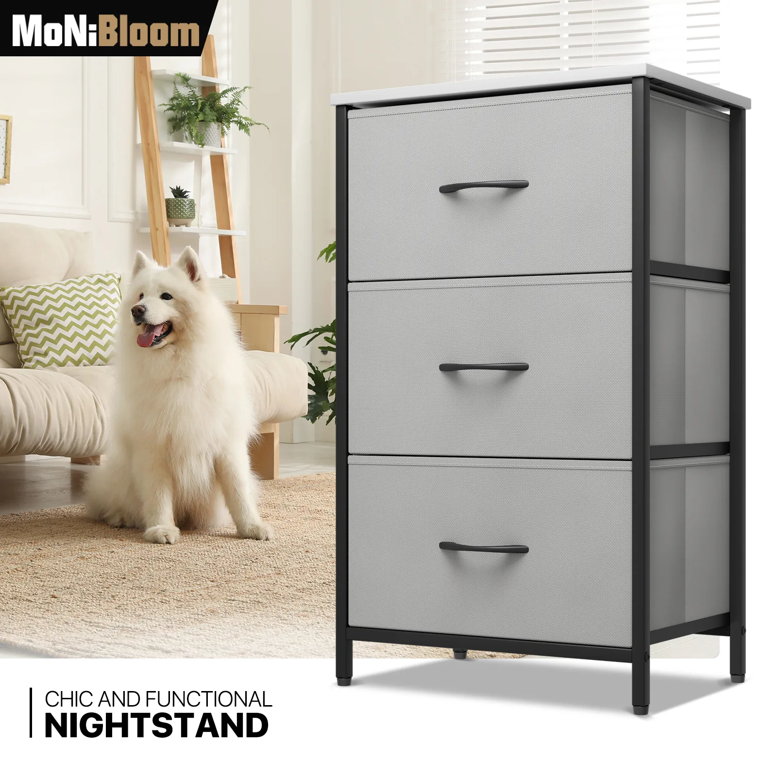 30" Nightstand Fabric Drawer Metal Frame, 3-Drawer