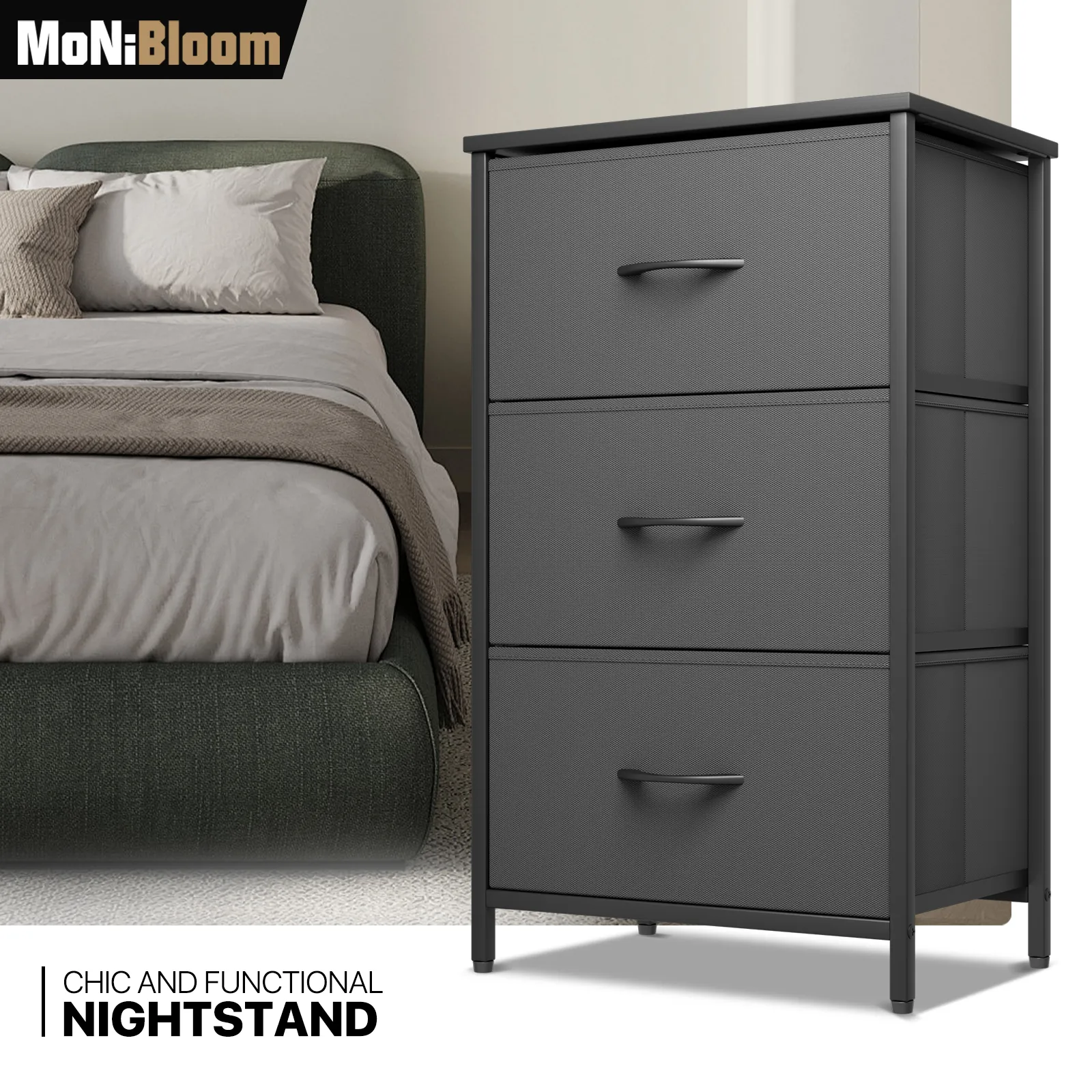 30" Nightstand Fabric Drawer Metal Frame, 3-Drawer