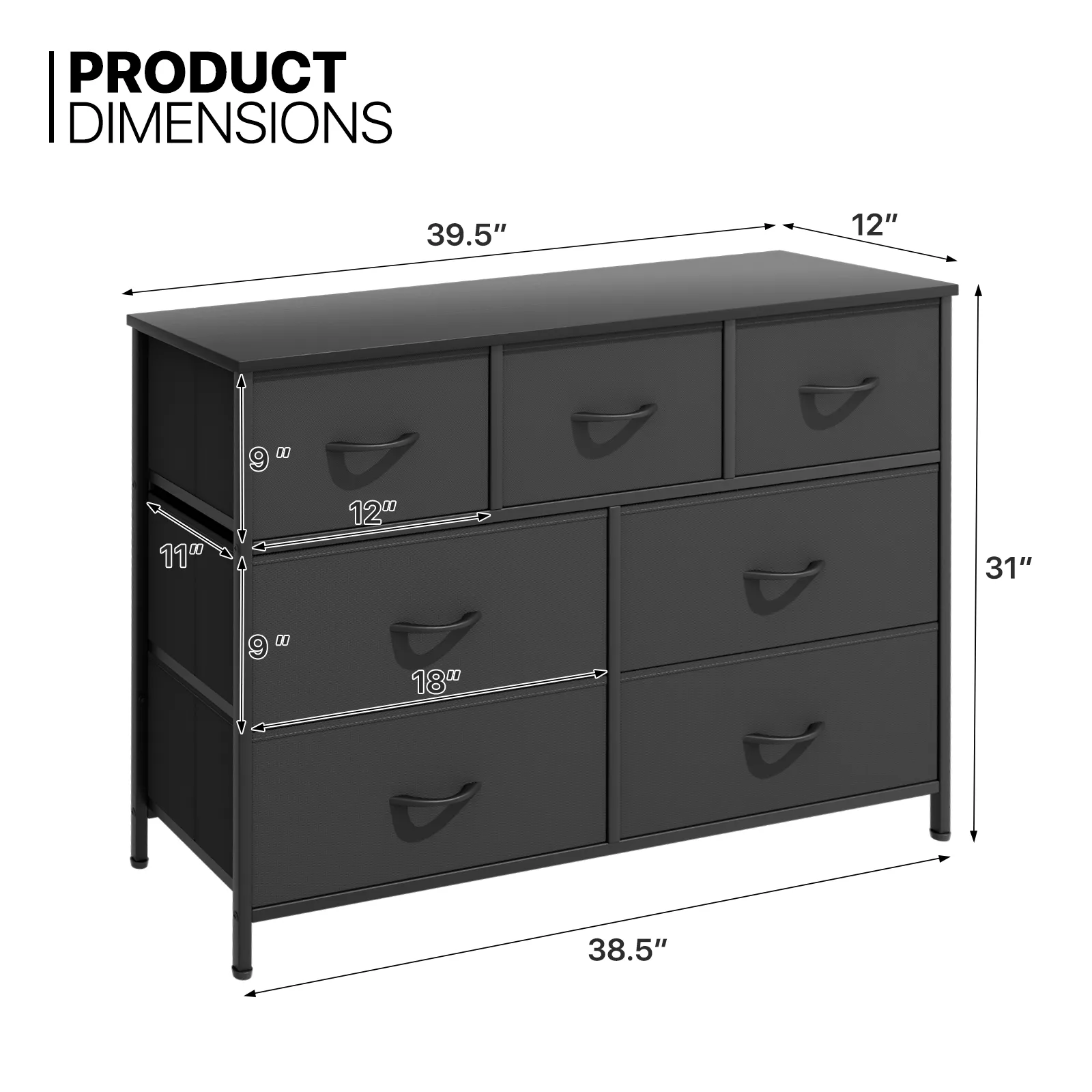 31" Height Dresser - 7 Fabric Drawer- Metal Frame - MDF Top