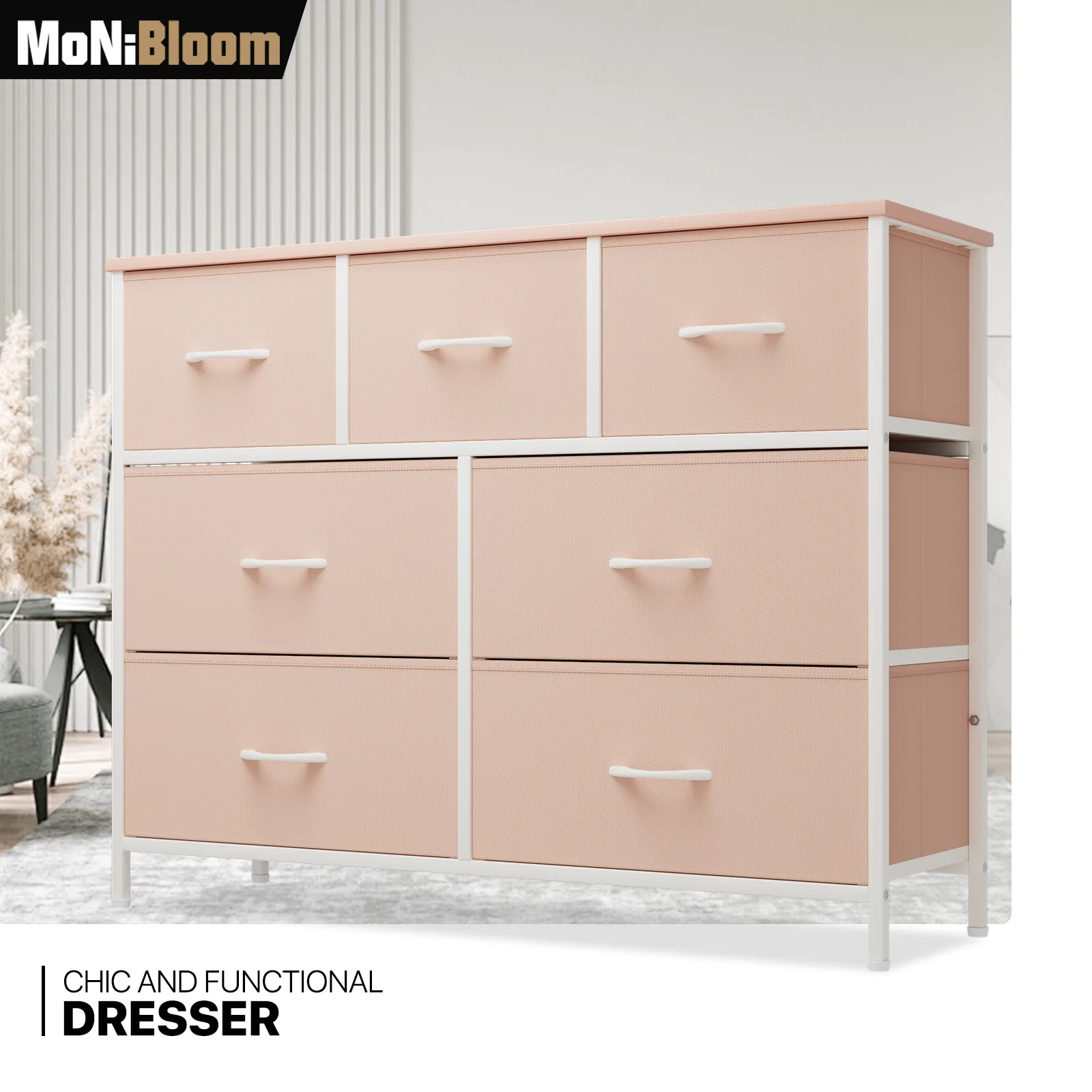 31" Height Dresser - 7 Fabric Drawer- Metal Frame - MDF Top