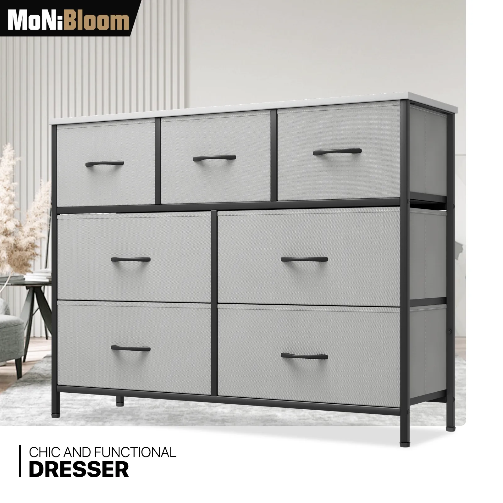 31" Height Dresser - 7 Fabric Drawer- Metal Frame - MDF Top