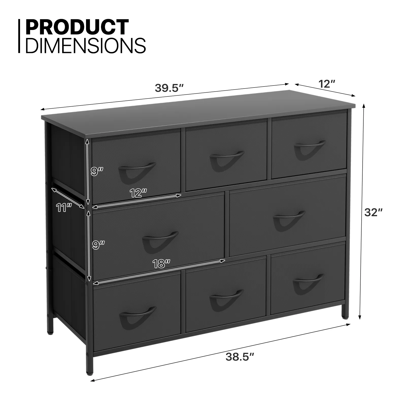 32" Height Dresser - 8 Fabric Drawer- Metal Frame - MDF Top