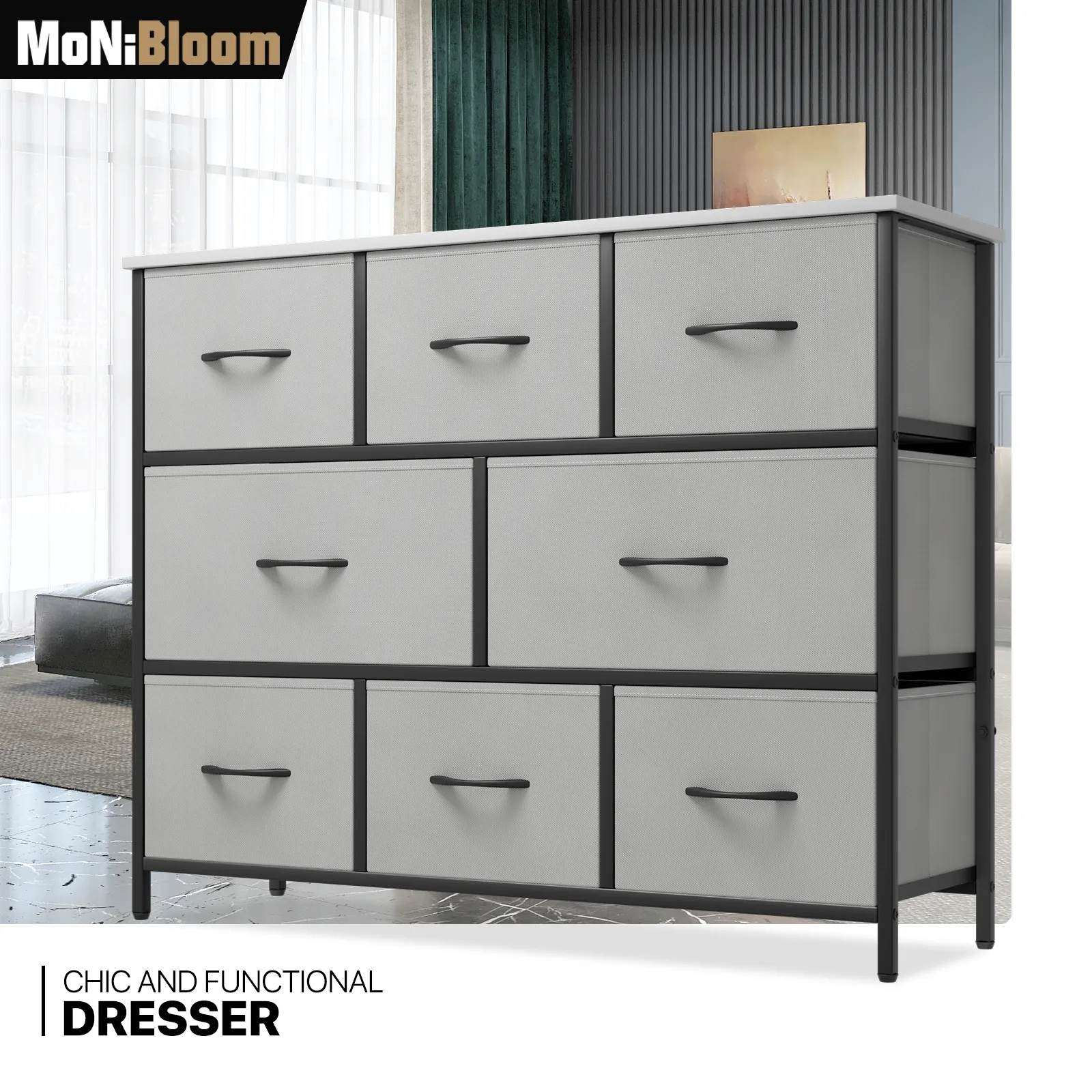 32" Height Dresser - 8 Fabric Drawer- Metal Frame - MDF Top