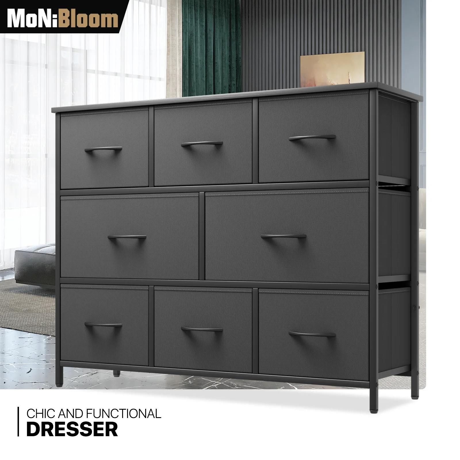 32" Height Dresser - 8 Fabric Drawer- Metal Frame - MDF Top