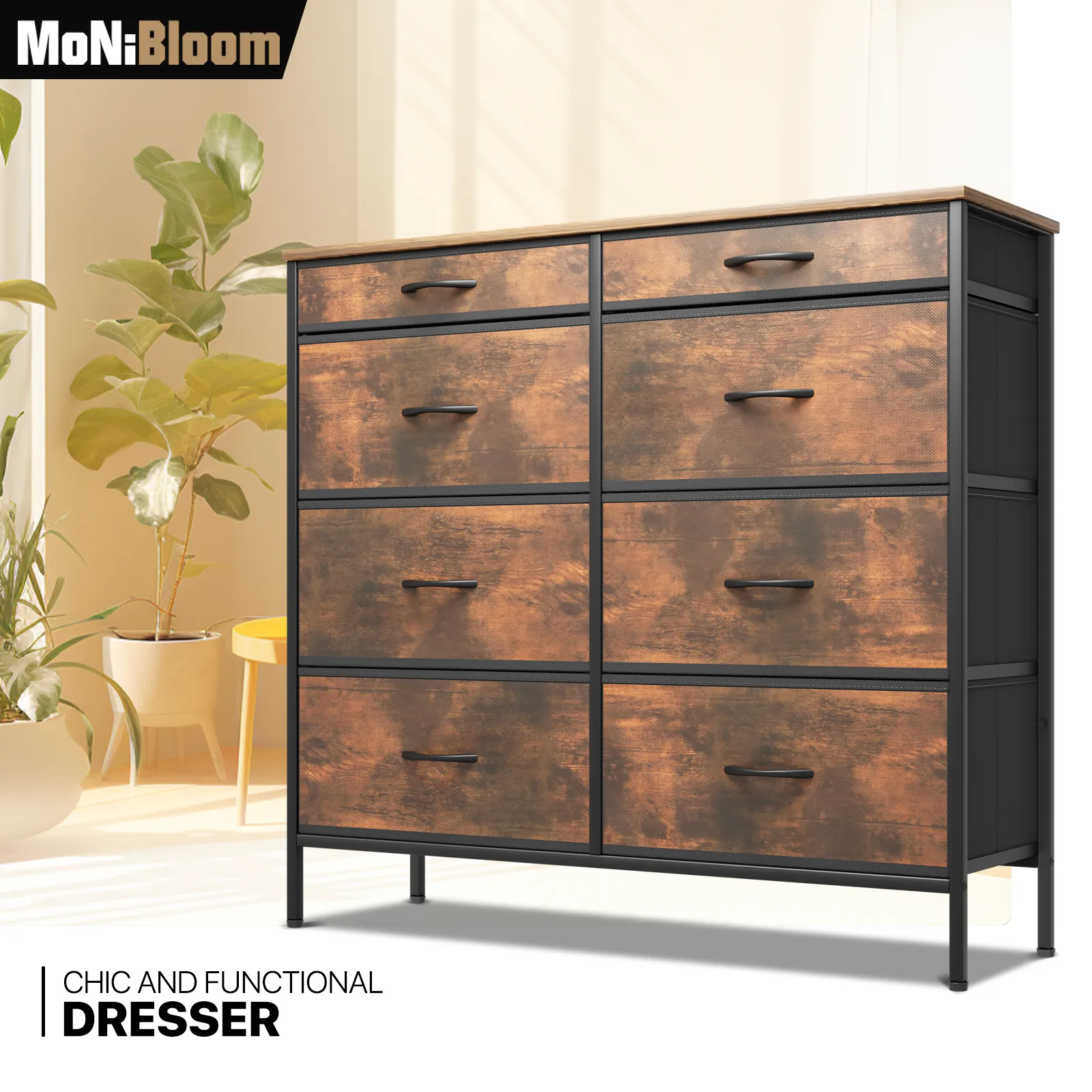 34.5" Height Dresser - 8 Fabric Drawer- Metal Frame - MDF Top