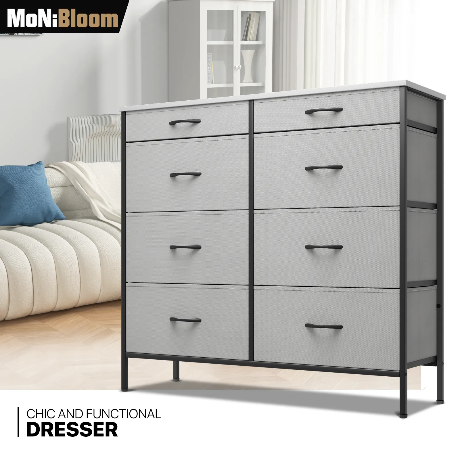 34.5" Height Dresser - 8 Fabric Drawer- Metal Frame - MDF Top