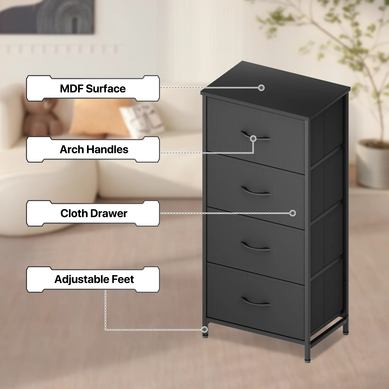 39" Nightstand Fabric Drawer Metal Frame, 4-Drawer