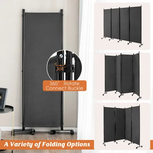 4-Panel Folding Room Divider 6 Feet Rolling Privacy Screen with Lockable Wheels-Gray