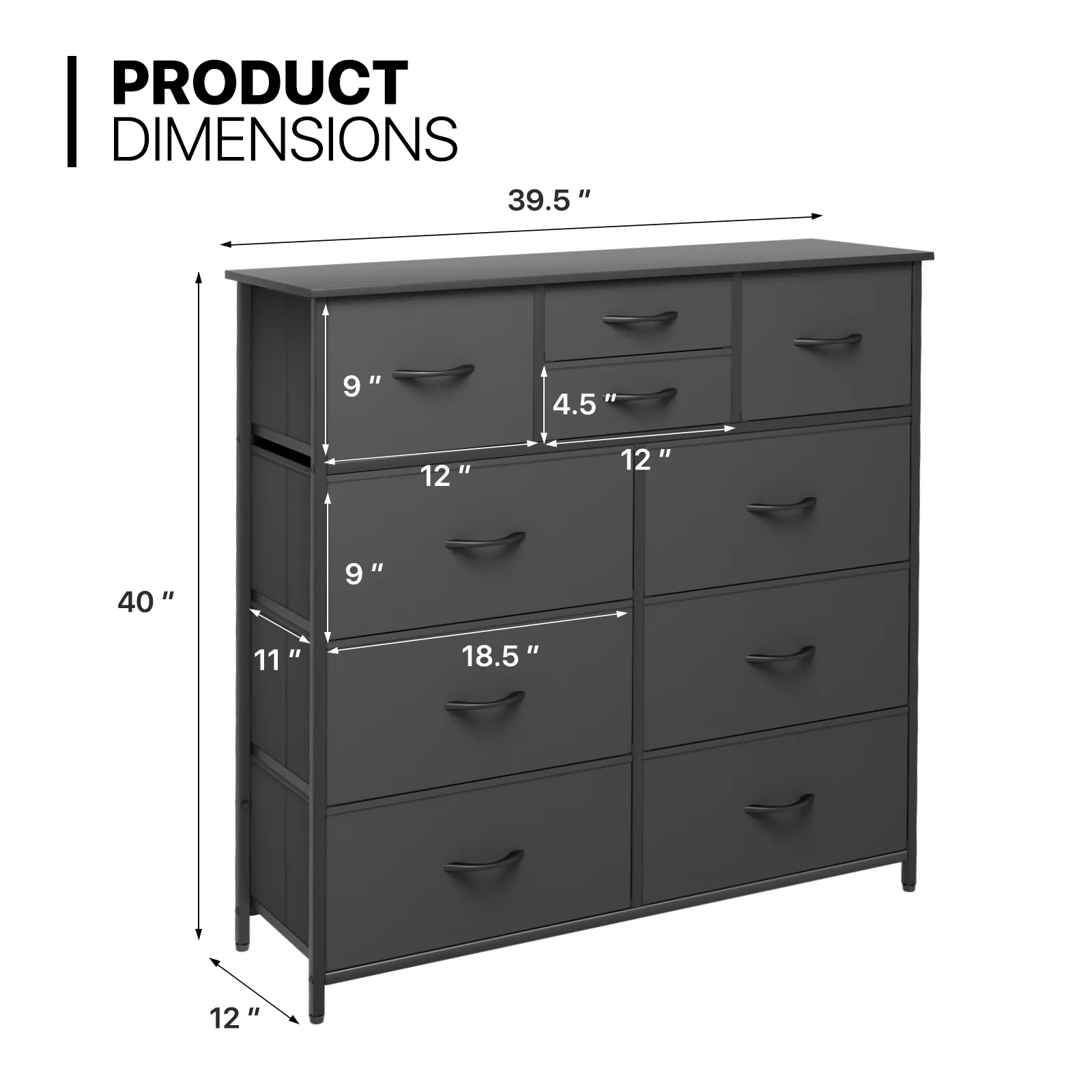 40" Height Dresser - 10 Fabric Drawer- Metal Frame - MDF Top