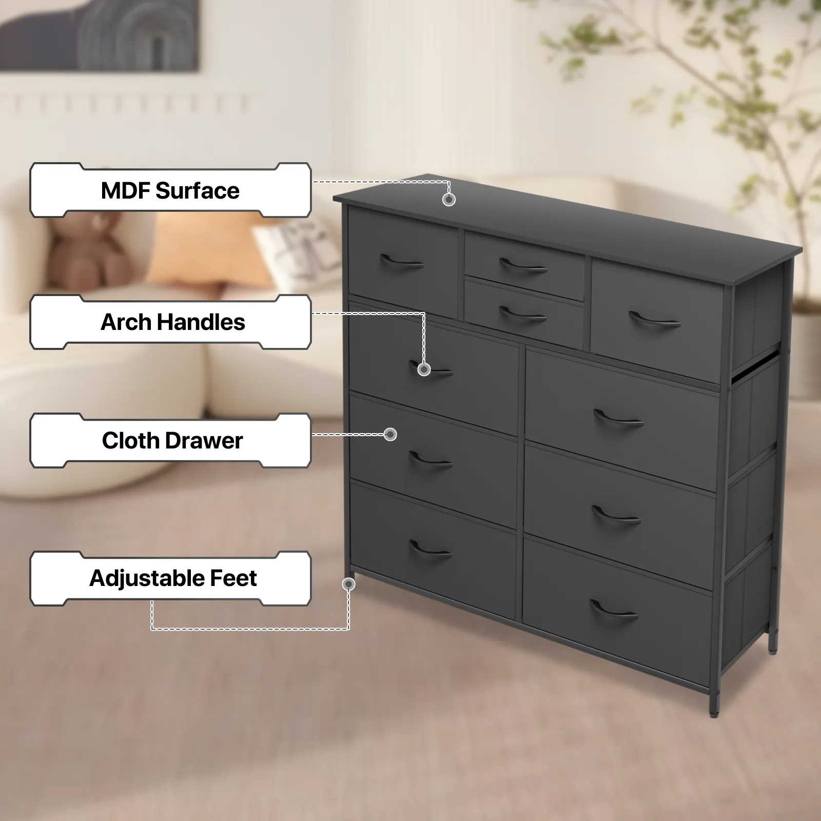 40" Height Dresser - 10 Fabric Drawer- Metal Frame - MDF Top