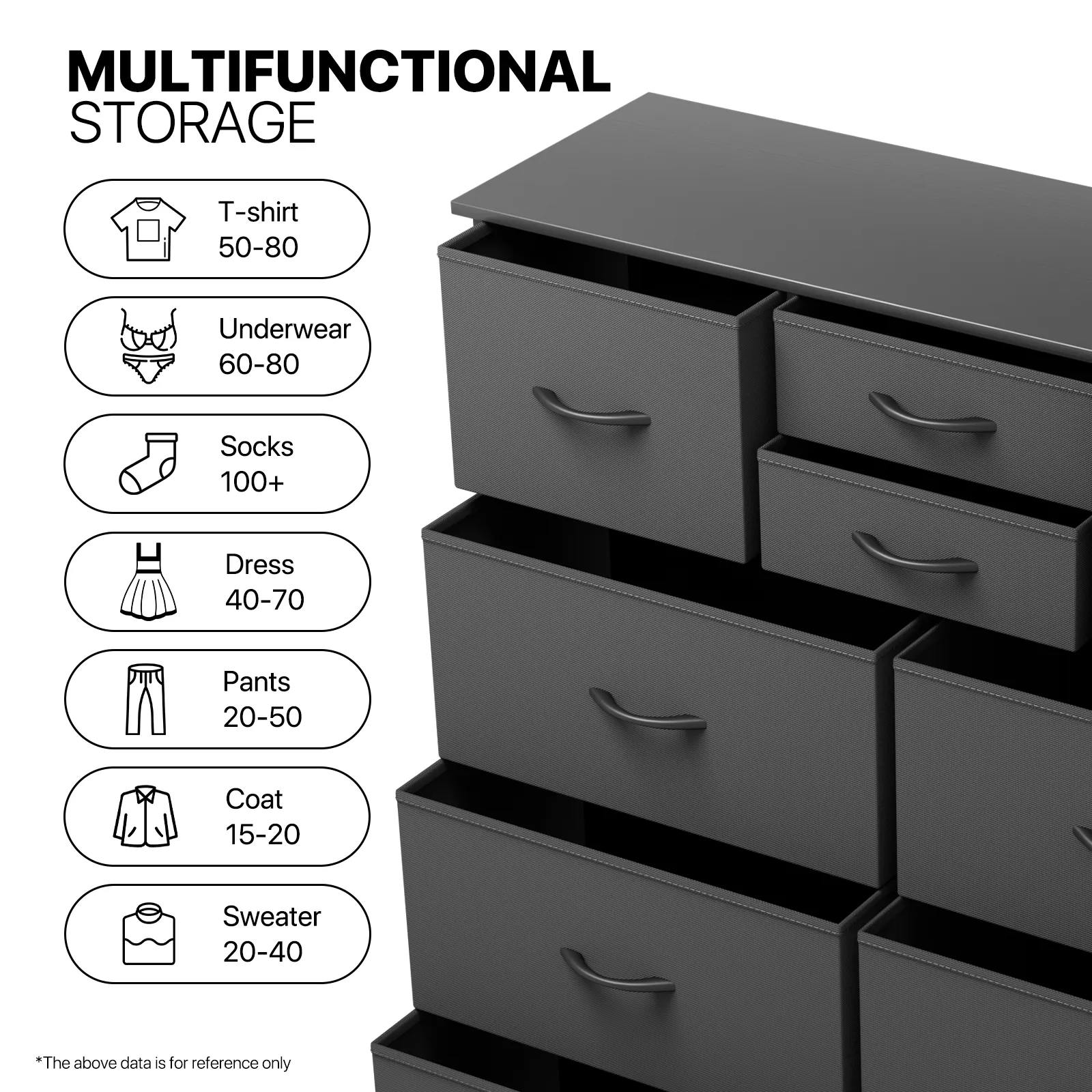 40" Height Dresser - 10 Fabric Drawer- Metal Frame - MDF Top