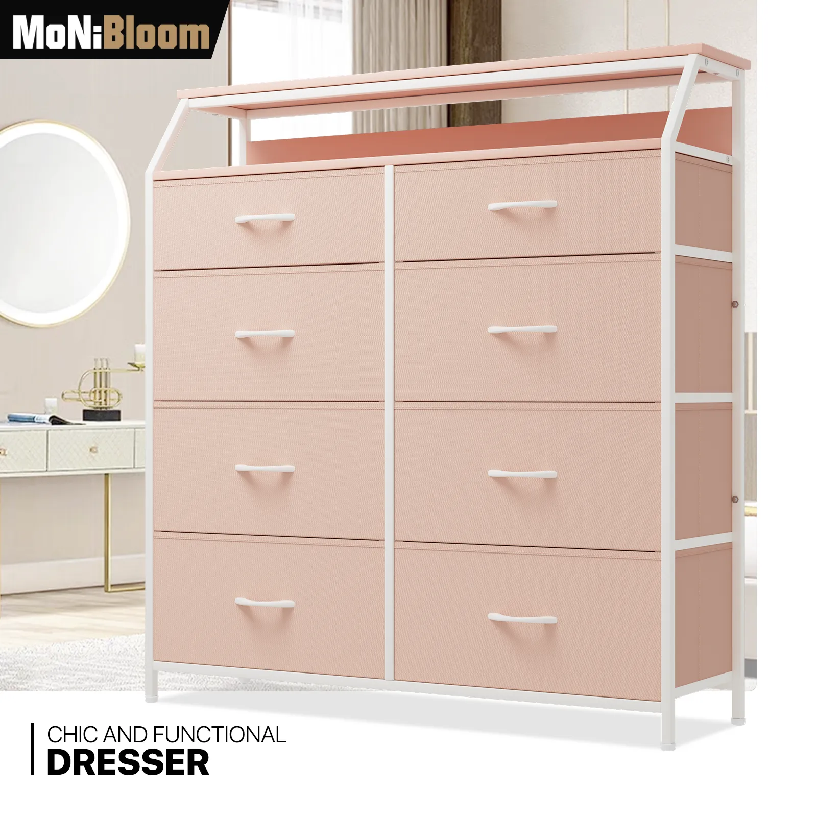 42.5" Height Dresser - 8 Fabric Drawer- Metal Frame - MDF Top