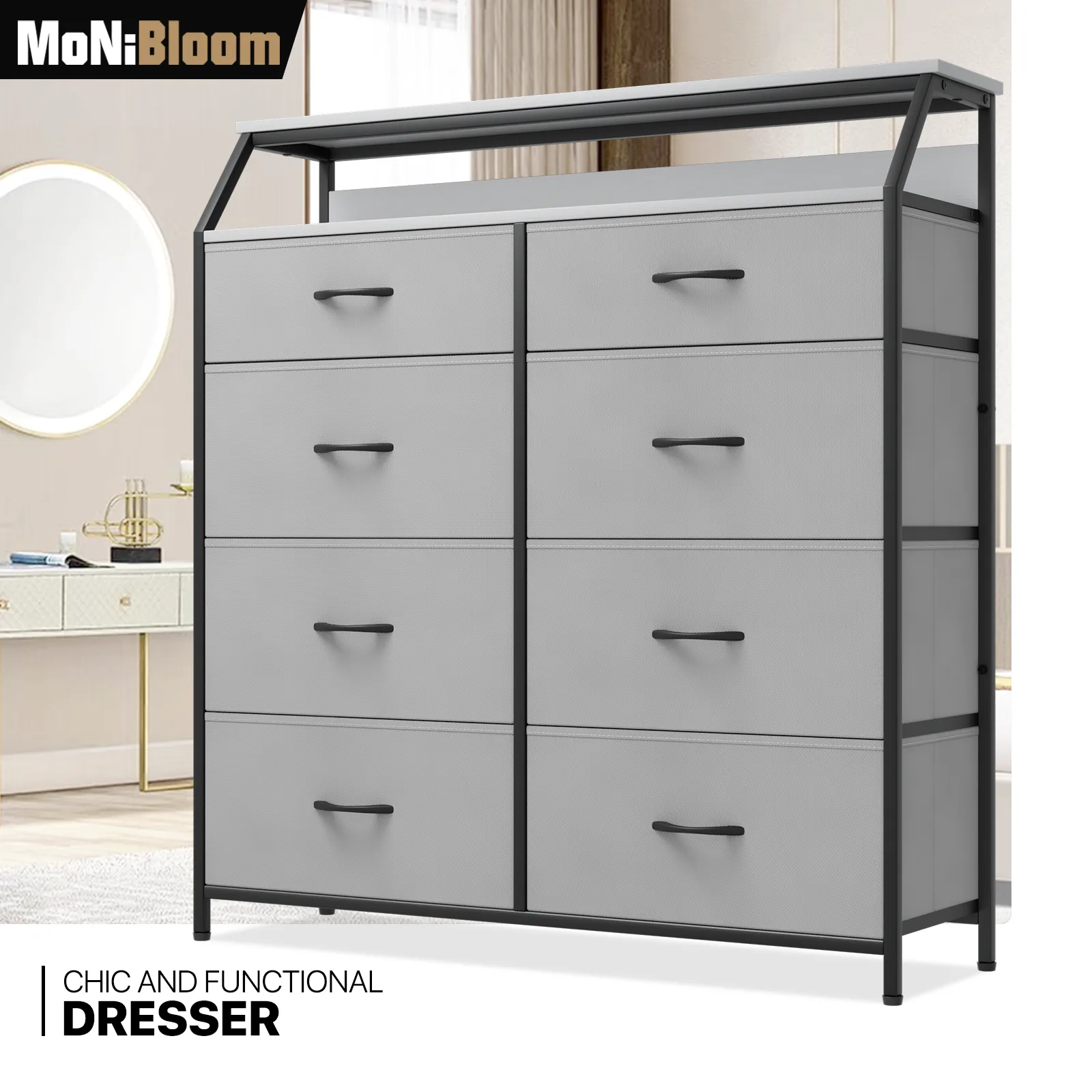 42.5" Height Dresser - 8 Fabric Drawer- Metal Frame - MDF Top