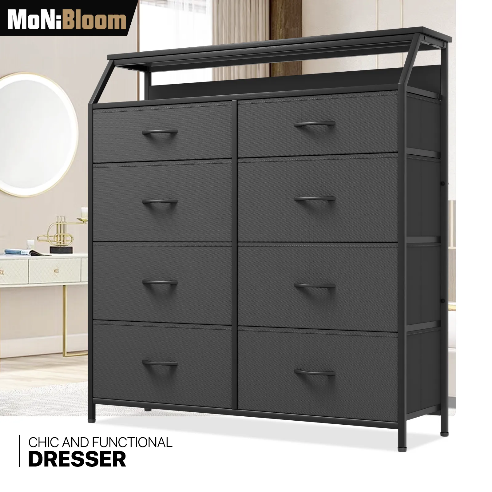 42.5" Height Dresser - 8 Fabric Drawer- Metal Frame - MDF Top