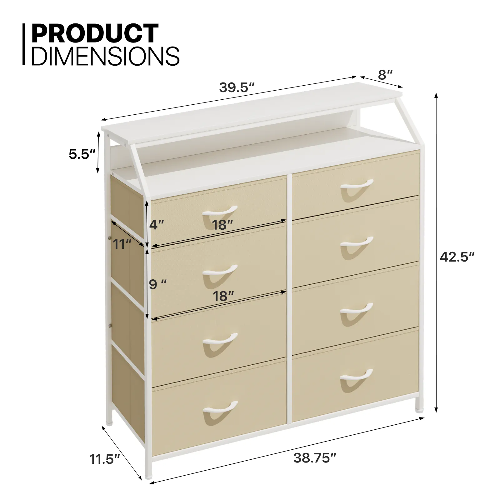 42.5" Height Dresser - 8 Fabric Drawer- Metal Frame - MDF Top