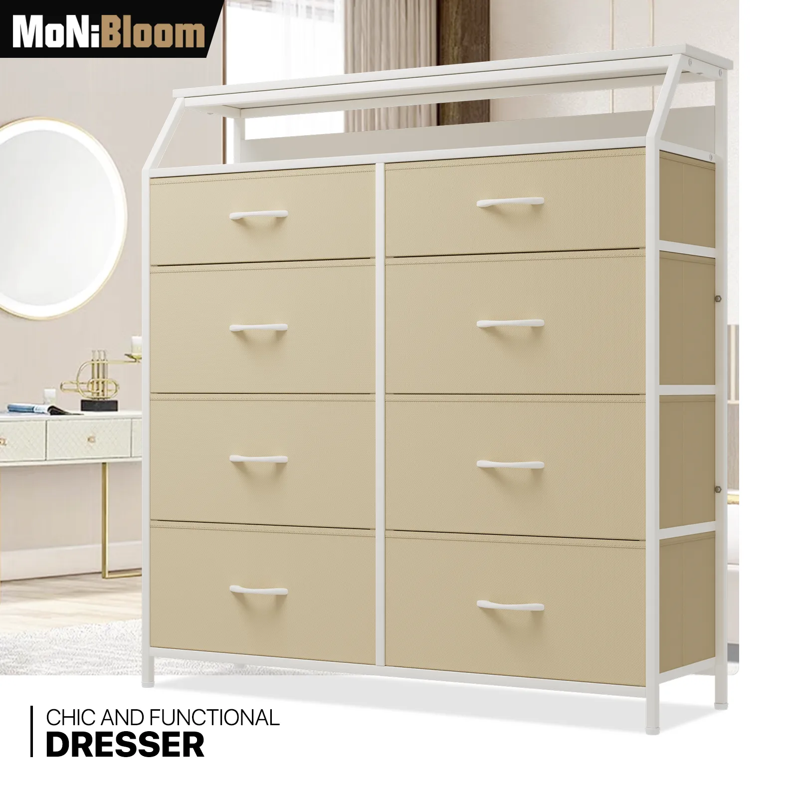 42.5" Height Dresser - 8 Fabric Drawer- Metal Frame - MDF Top