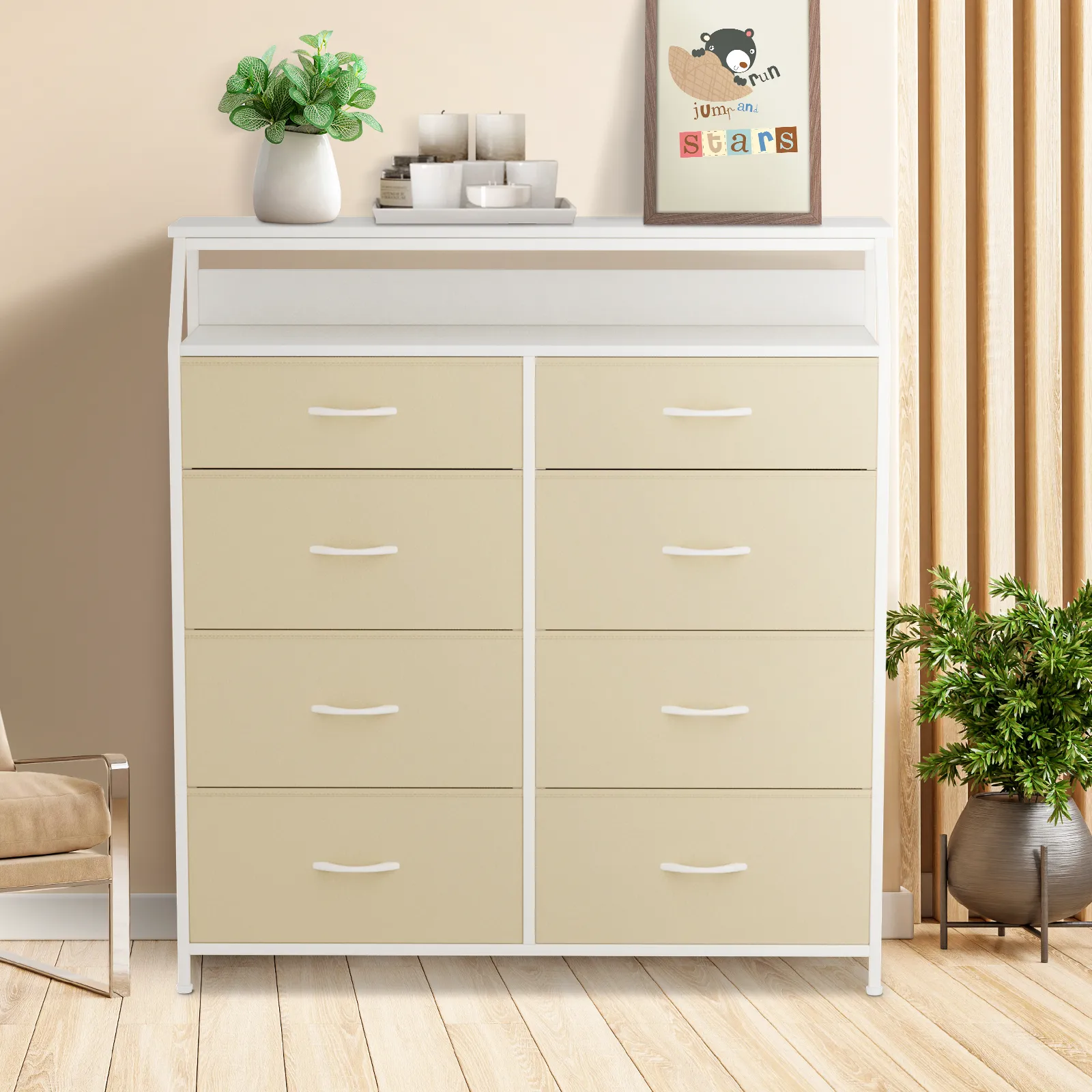 42.5" Height Dresser - 8 Fabric Drawer- Metal Frame - MDF Top