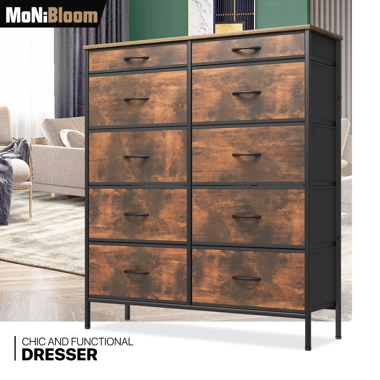 43.5" Height Dresser - 10 Fabric Drawer- Metal Frame - MDF Top