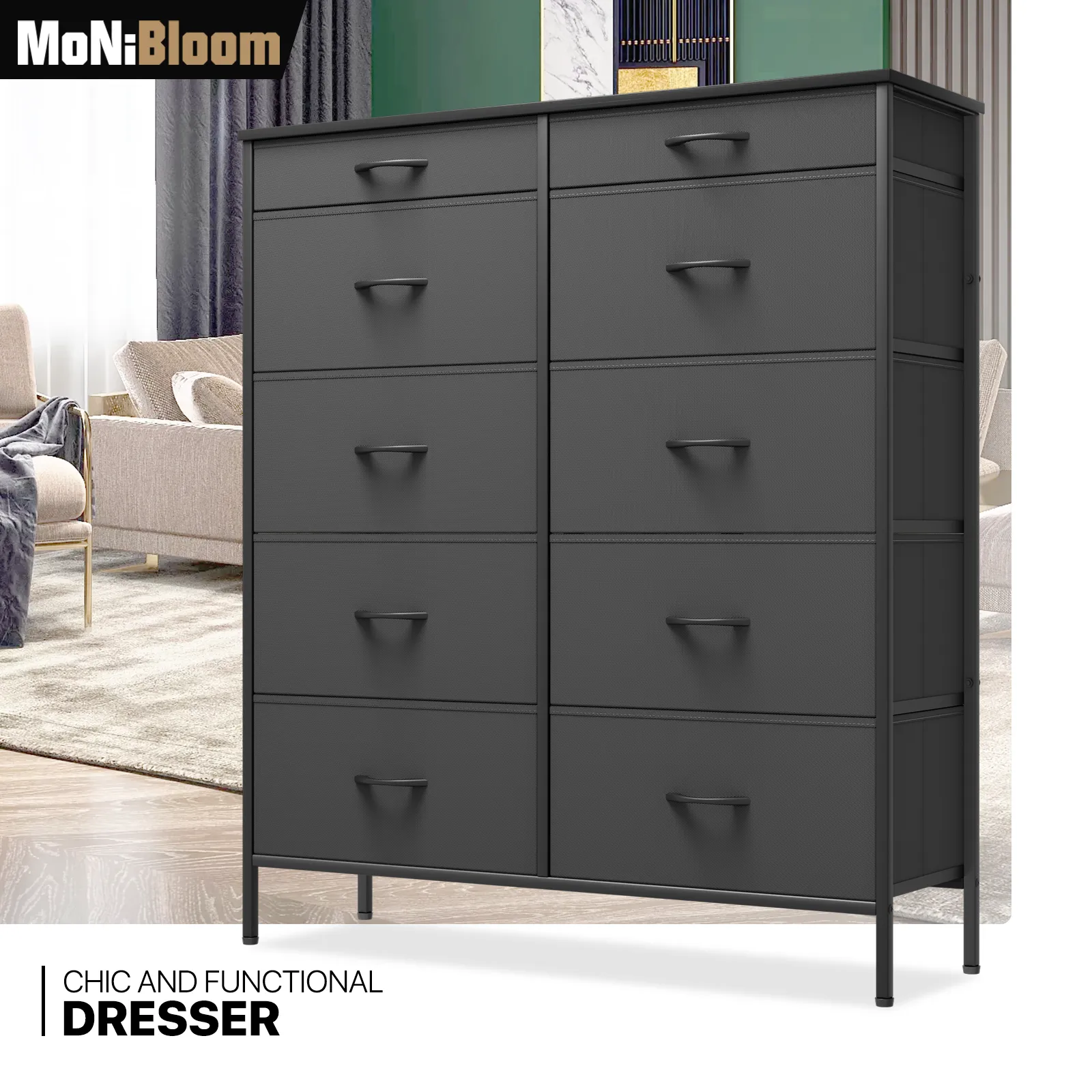 43.5" Height Dresser - 10 Fabric Drawer- Metal Frame - MDF Top