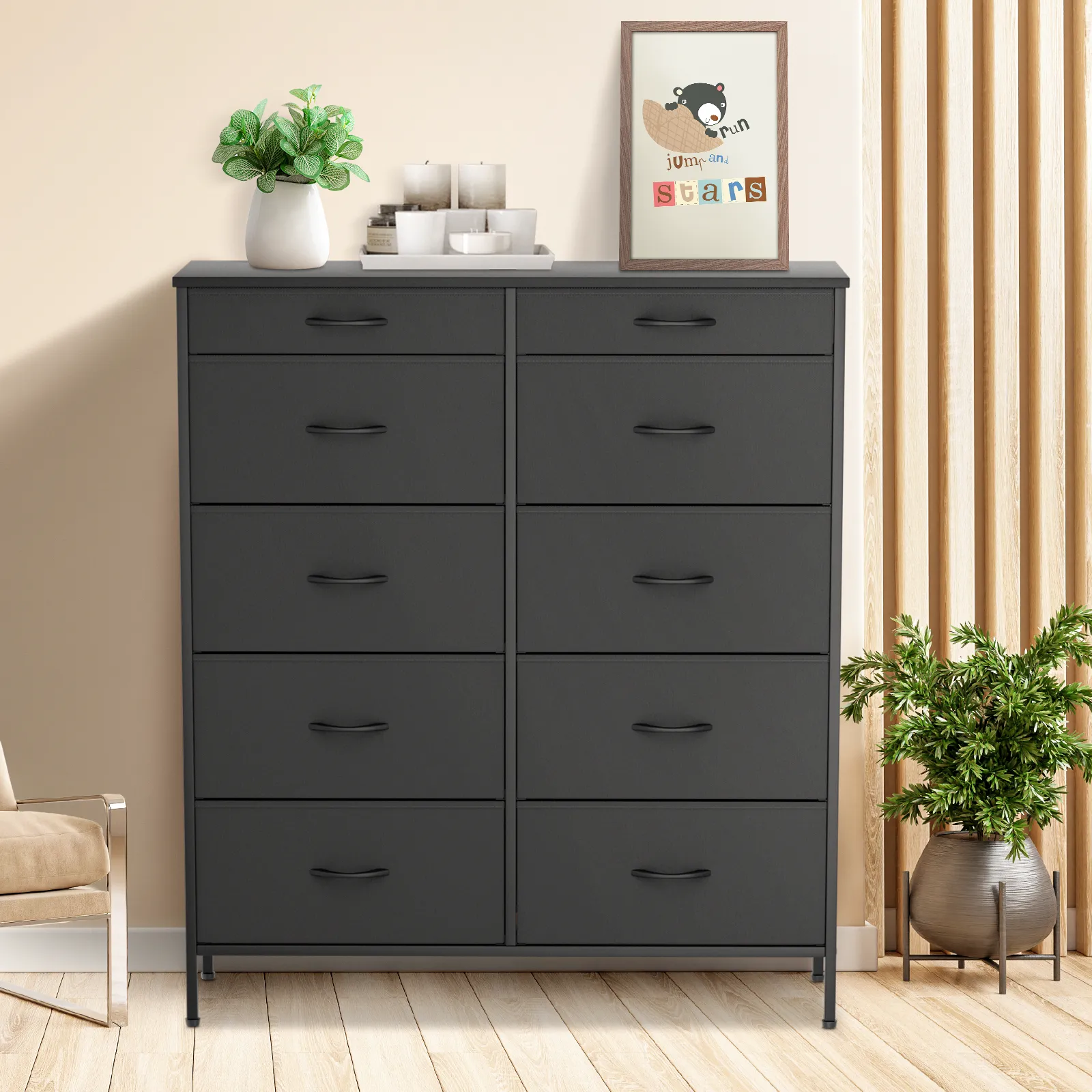 43.5" Height Dresser - 10 Fabric Drawer- Metal Frame - MDF Top