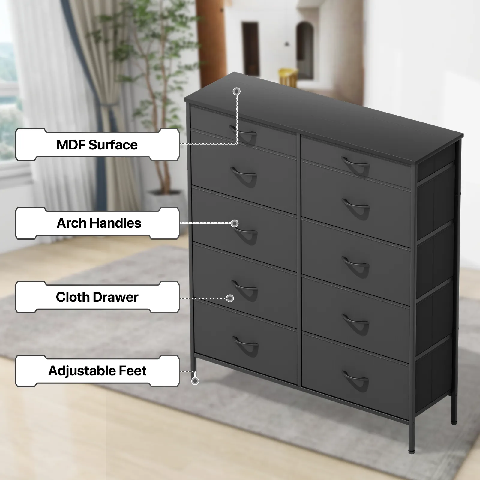 43.5" Height Dresser - 10 Fabric Drawer- Metal Frame - MDF Top