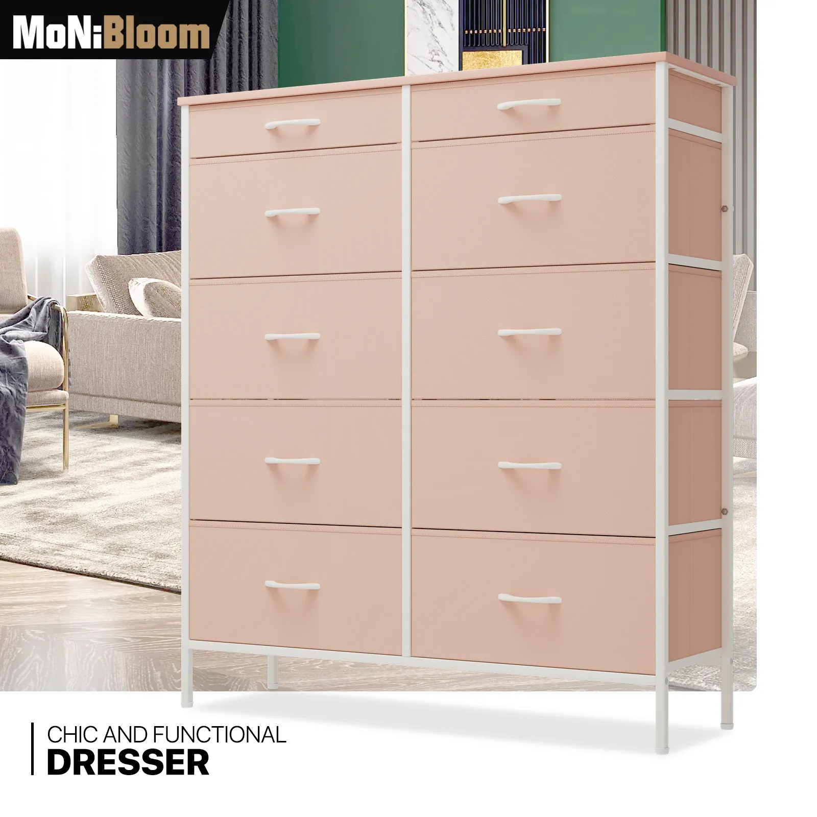 43.5" Height Dresser - 10 Fabric Drawer- Metal Frame - MDF Top