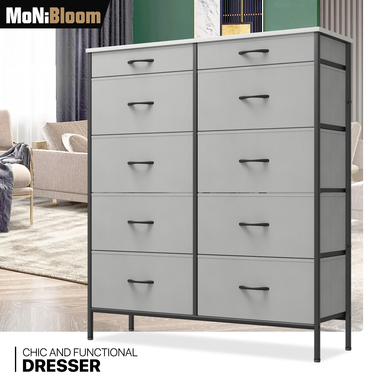 43.5" Height Dresser - 10 Fabric Drawer- Metal Frame - MDF Top