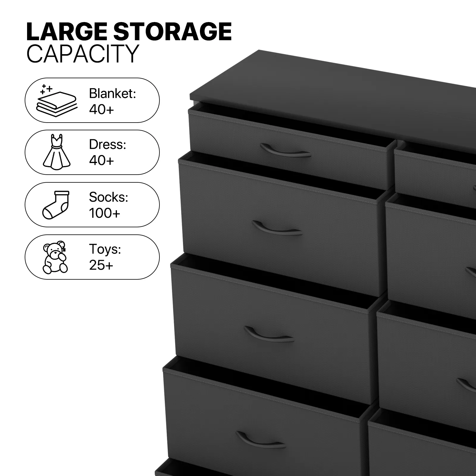 43.5" Height Dresser - 10 Fabric Drawer- Metal Frame - MDF Top