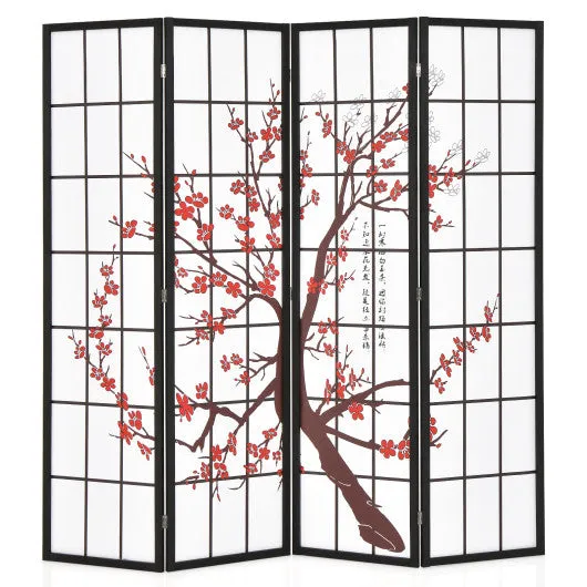 6FT Folding Decorative Oriental Privacy Screen with Plum Blossom Design for Home Office-White