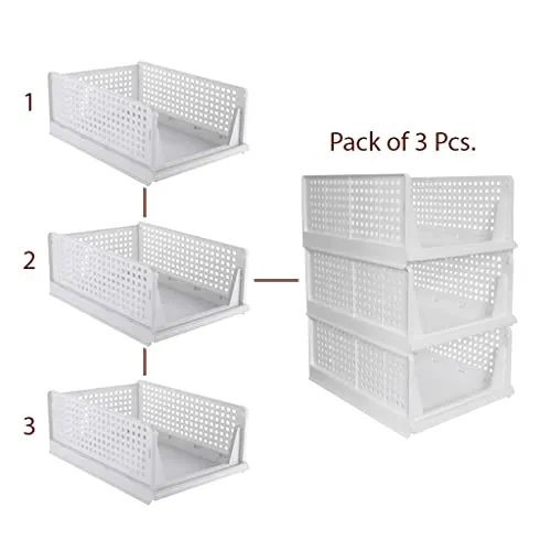 ADITYA POLYMERS Pack of 3 Pcs.(Large) Clothes Shirt Stacker Organizer For Wardrobe Cupboard Foldable Stackable MultiPurpose Adjustable Sliding Tray Basket (L-44.5, W-33.5, H-18.5 Cms)