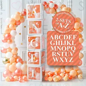 Balloon Box Decorations (5 White Boxes) | 52 Letters (2-Sets of A-Z) for Custom NAME, Birthday Party, Baby Shower Decor, Gender Reveal Decorative Blocks