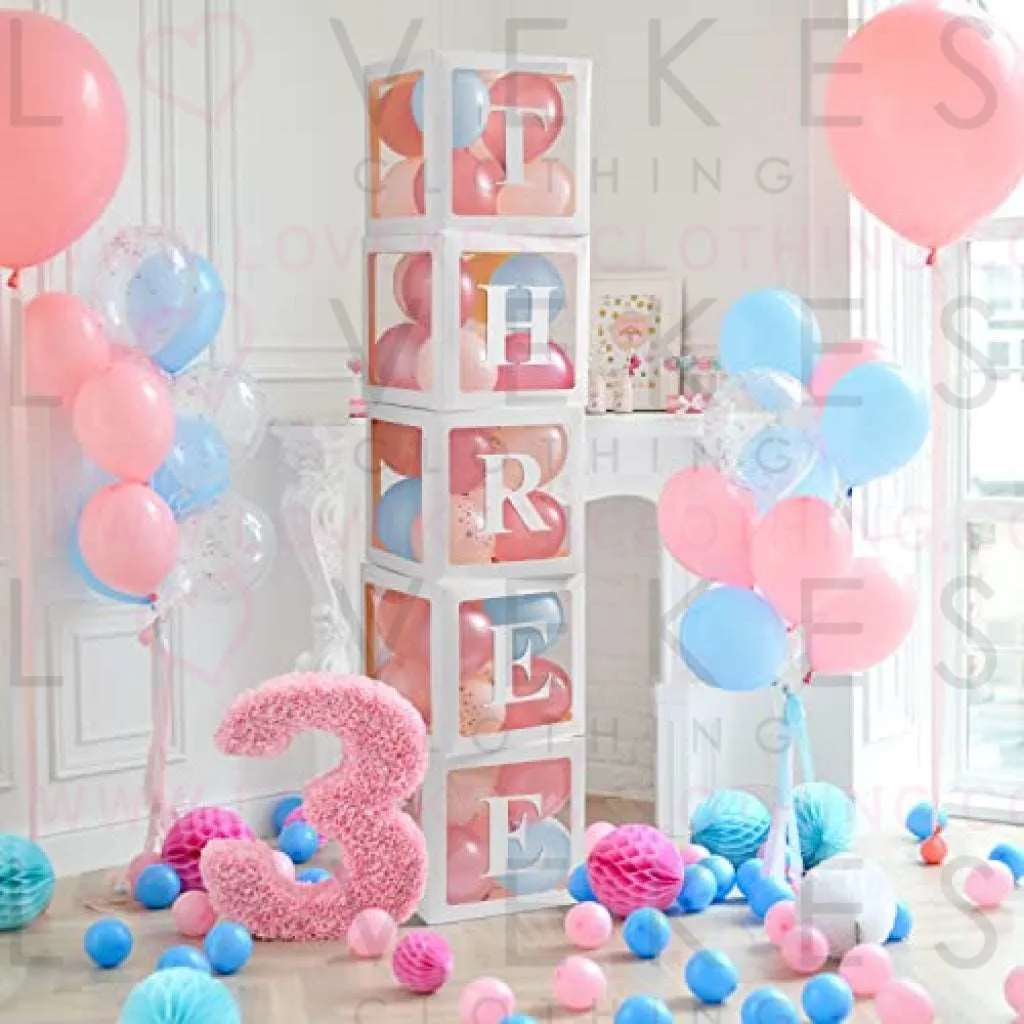 Balloon Box Decorations (5 White Boxes) | 52 Letters (2-Sets of A-Z) for Custom NAME, Birthday Party, Baby Shower Decor, Gender Reveal Decorative Blocks