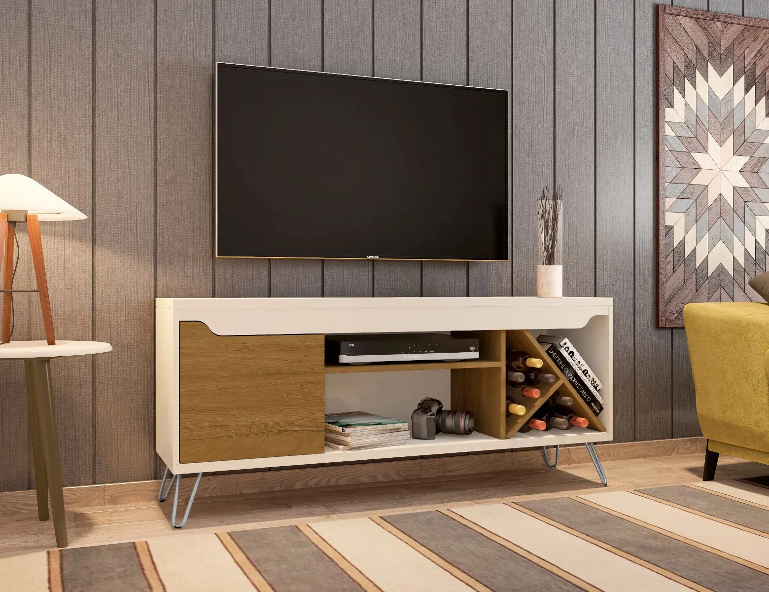 Baxter Mid-Century- Modern 53.54" TV Stand with Wine Rack in Off White and Cinnamon