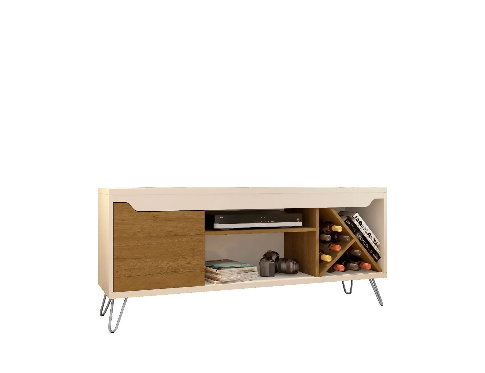 Baxter Mid-Century- Modern 53.54" TV Stand with Wine Rack in Off White and Cinnamon