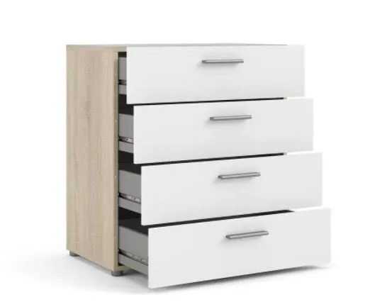 Contemporary 4-drawer Chest - Oak Structure White High Gloss Four Drawers for Storage, Steel Brackets Add Support to Bottom of Drawers