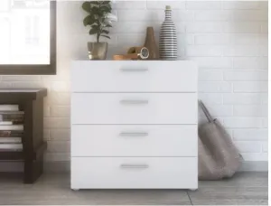 Contemporary 4-drawer Chest - Oak Structure White High Gloss Four Drawers for Storage, Steel Brackets Add Support to Bottom of Drawers