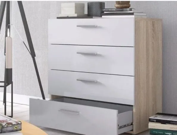 Contemporary 4-drawer Chest - Oak Structure White High Gloss Four Drawers for Storage, Steel Brackets Add Support to Bottom of Drawers