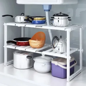 Double Layer Metal Adjustable Under Sink Shelf, Multifunction Utensils Holder, Kitchen Stainless Steel Floor Type Adjustable Rack, 2 Layer Extendable Dishes Storage Under Sink Rack