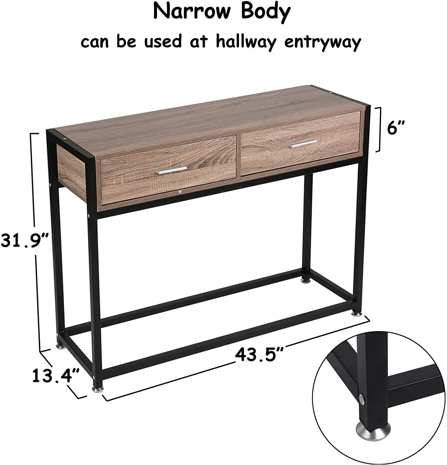 Entryway Console Table Hallway Accent Table with 2 Drawers Wooden Metal Narrow Sofa Table, Brown