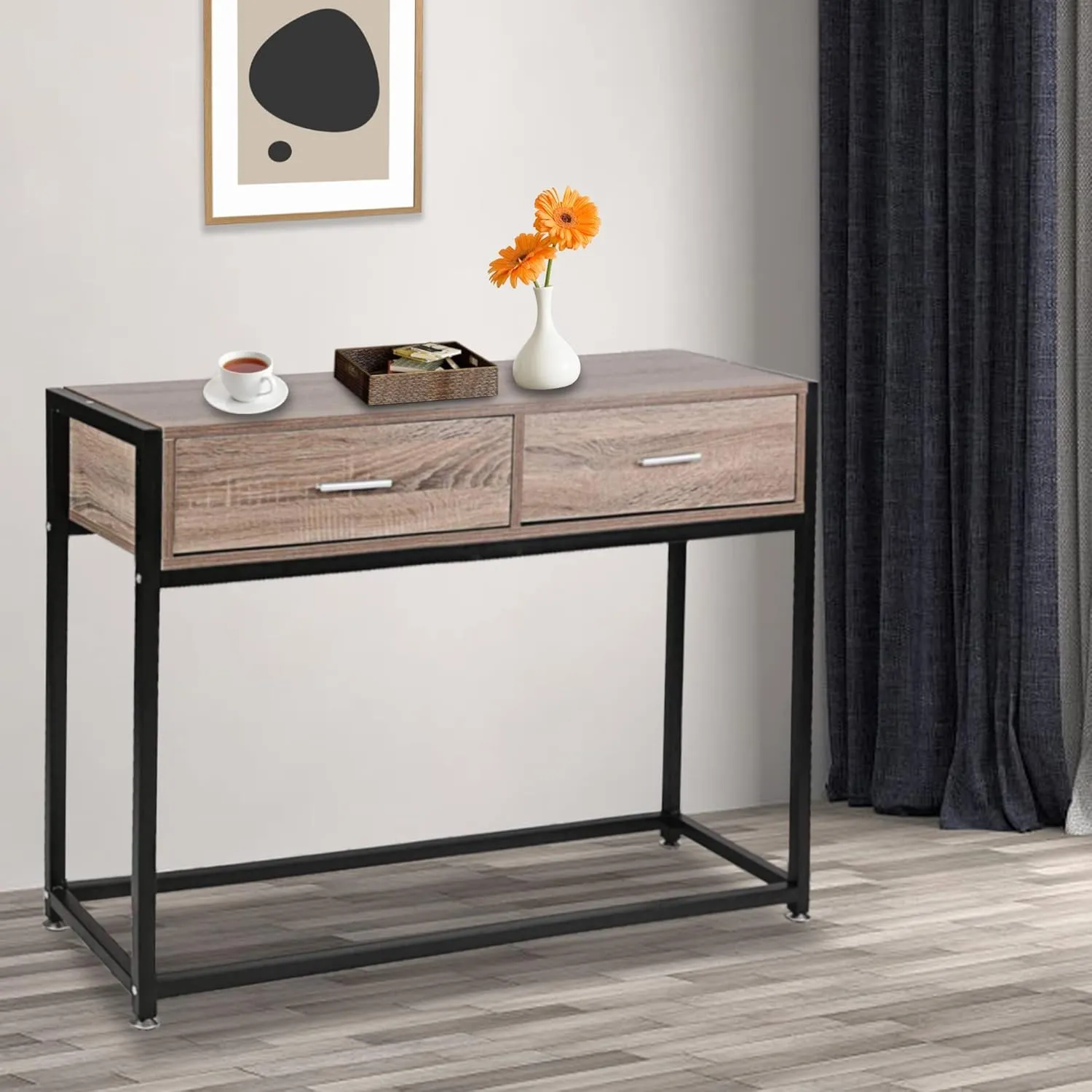 Entryway Console Table Hallway Accent Table with 2 Drawers Wooden Metal Narrow Sofa Table, Brown