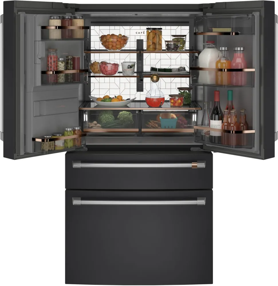 GE Cafe CVE28DP3ND1 ENERGY STAR® 27.8 Cu. Ft. 4- Door French-Door Refrigerator in Matte Black with Brushed Stainless Handles