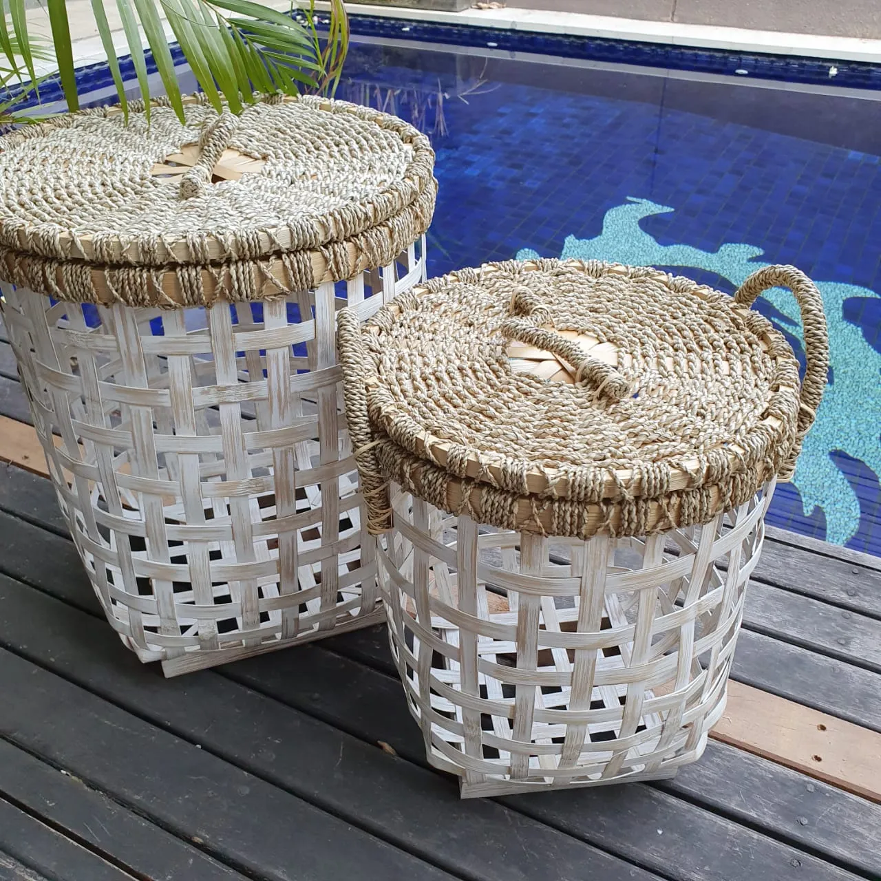 Grey & White Bamboo Laundry Style Baskets With Lid