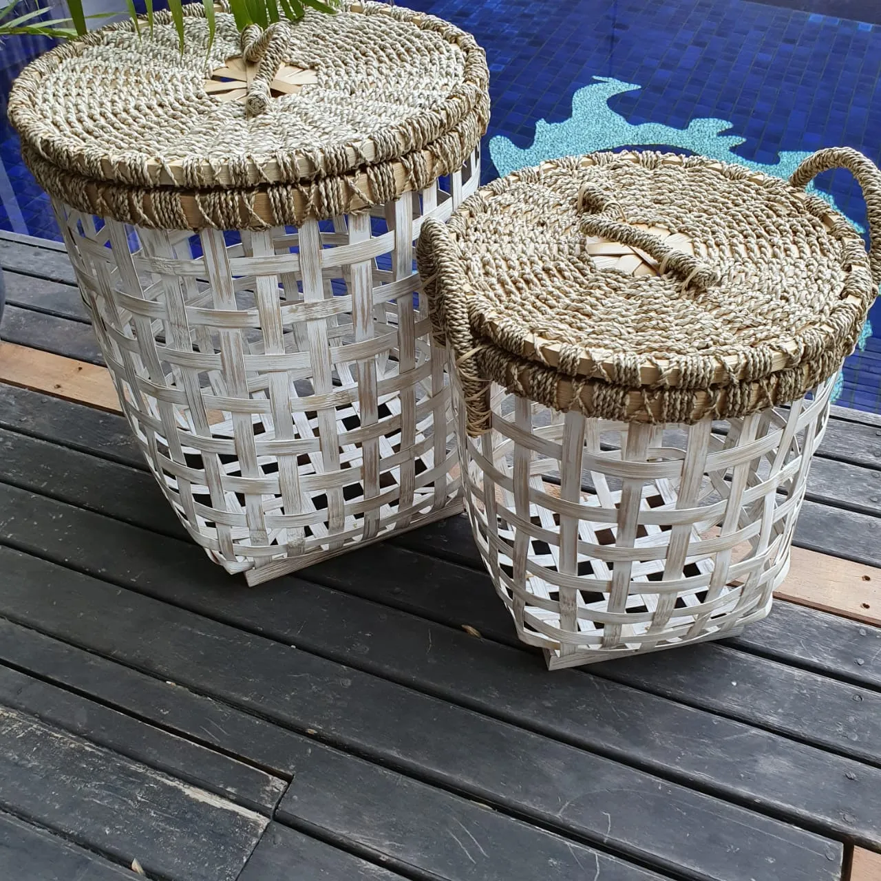 Grey & White Bamboo Laundry Style Baskets With Lid